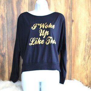 Bella "I Woke Up Like This" Blouse Shirt Womens Navy Blue/Gold L